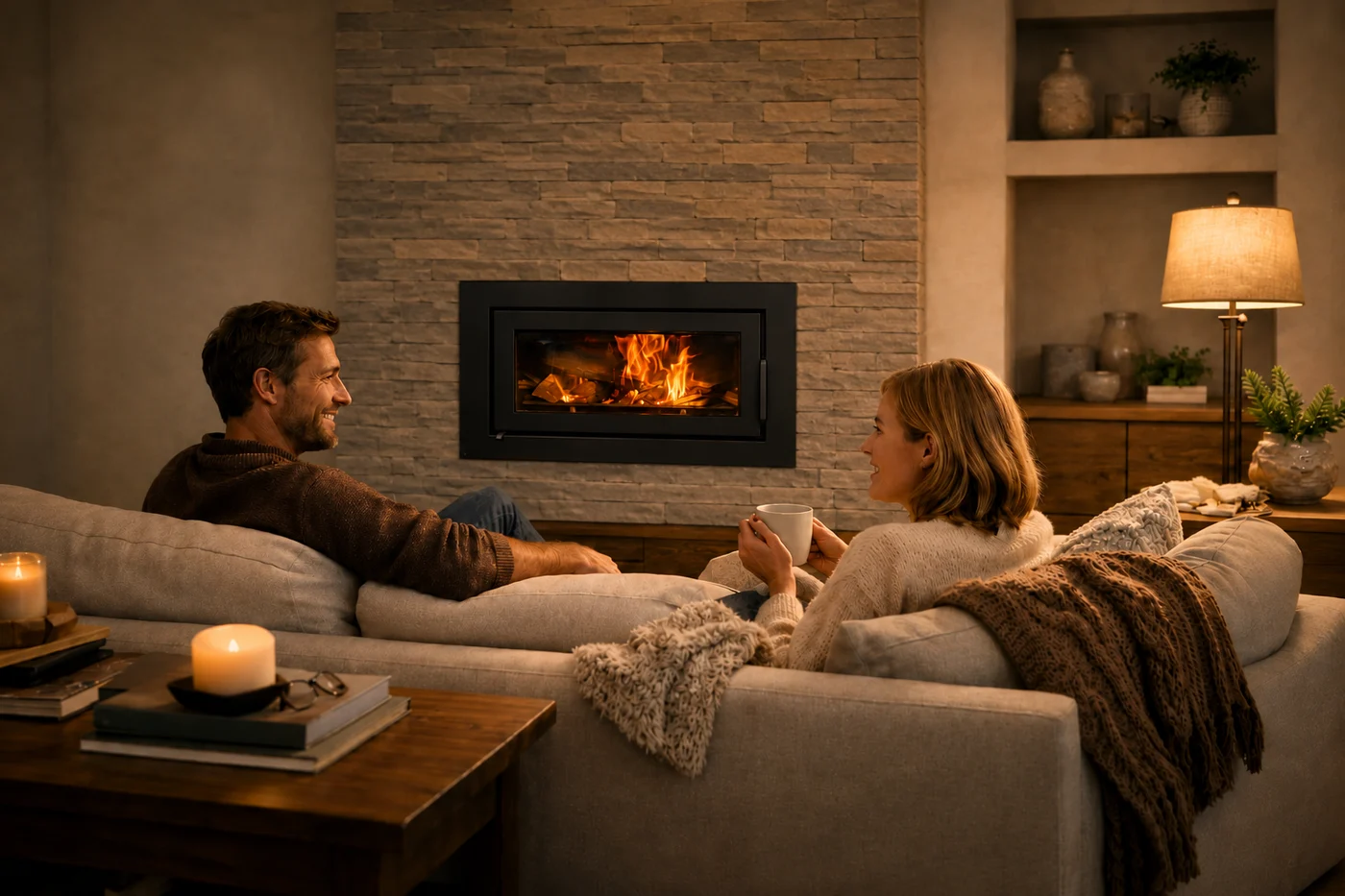 Couple relaxing by a built-in wood fire in a cosy New Zealand living room