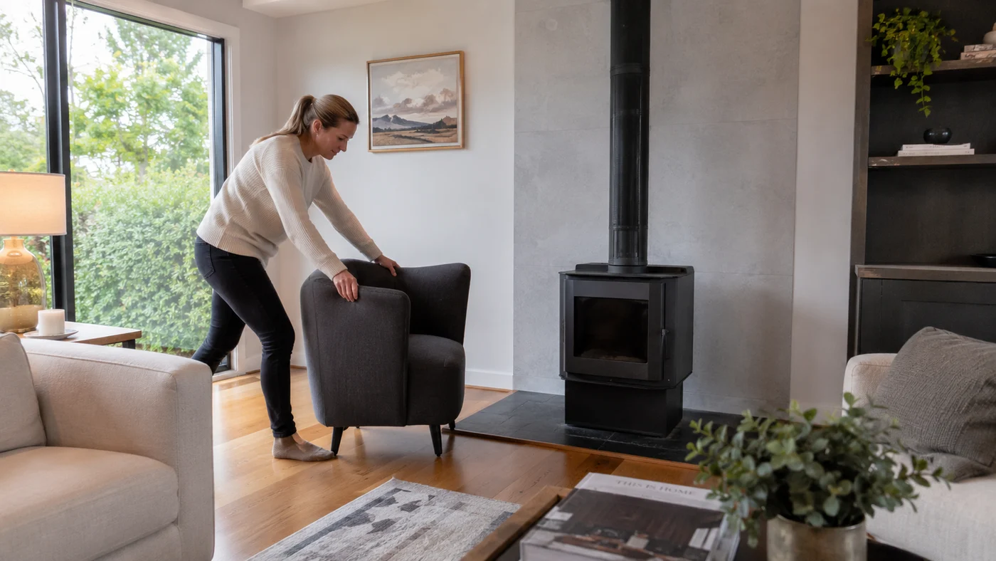 Preparing a living room with a freestanding wood fire for a chimney sweep